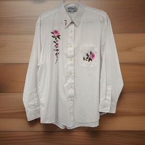 Las Olas Womens L White Stripe Button Front Shirt Embroidered Roses Rhinestones